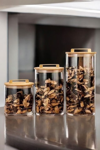 Morponi 3'lü Borosilikat Cam Büyük Boy Bambu Vakum Kapaklı Cam Saklama Kabı Baharatlık 6,3 Lt 9,4 Lt 12,5 Lt Şeffaf