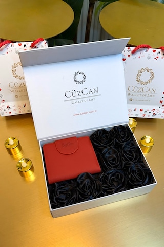 Premium Gift Rose Box - Miosa Kırmızı Hakiki Deri Kadın Cüzdan Siyah Gül Kutusu Kırmızı-siyah