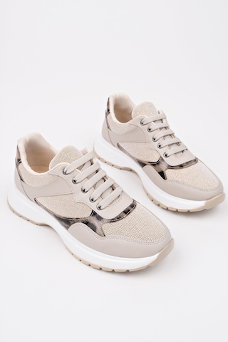 Muggo Melody Kadın Kalın Taban Günlük Leopar Desenli Bağcıklı Sneaker Spor Ayakkabı Ten