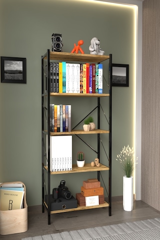 Metal Kitaplık 5 Raflı Ofis Kitaplığı Kitap Dosya Rafı Ceviz Ceviz