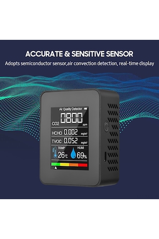 Springsun Hava Kalitesi Analizi Cihazı: Co2, Formaldehit Hcho , Tvoc, Sıcaklık Ve Nem Ölçer - Lcd Renkli Ekran, Yarıiletken Sensör, Dahili Batarya