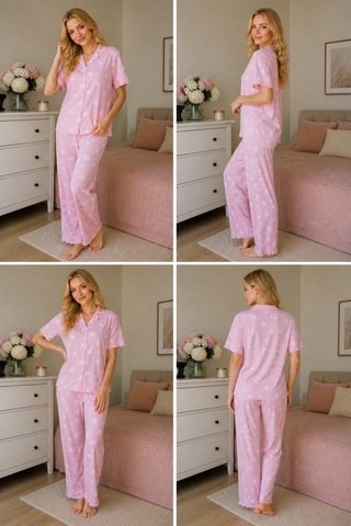 Esra Butik78 Milan Kumaş Yumuşak Dokulu Pudra Pembe Yazlık Kadın Pijama Seti