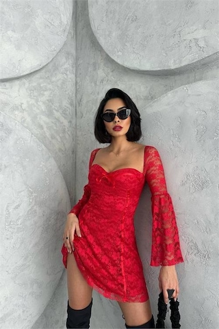 Dip Moda Kadın Kırmızı Glop Detaylı Dantel Mini Elbise Dpnbdf105 Kırmızı