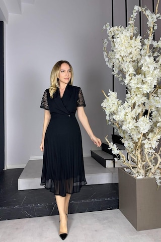 G0924 Kolları Dantel Piliseli Elbise Siyah-siyah