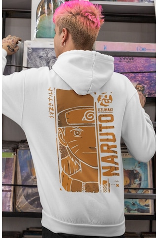 Sevbano Tasarım Naruto Uzumaki Anime Sırt Baskılı Unisex Oversize Penye H beyaz