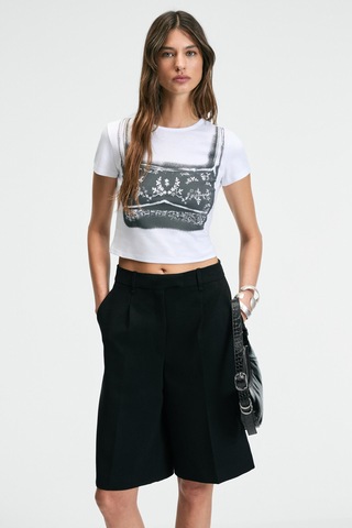 Ethıquet SERAYA Kadın Bisiklet Yaka Kısa Kollu Önü Baskılı Crop Beyaz T-Shirt