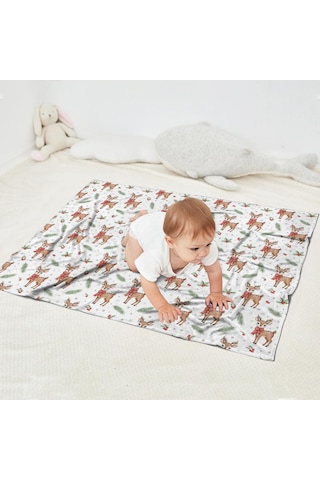 Noel Desenli Bebek Battaniyesi 40x30 İnç, Polar, Yumuşak, Hafif Ve Kalın Noel Geyik Kuzu Kızılcık