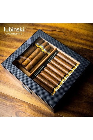 Lubinski Cedar Basic Camlı Puro Kutusu Humidor Slim Dijital Karbon 15s