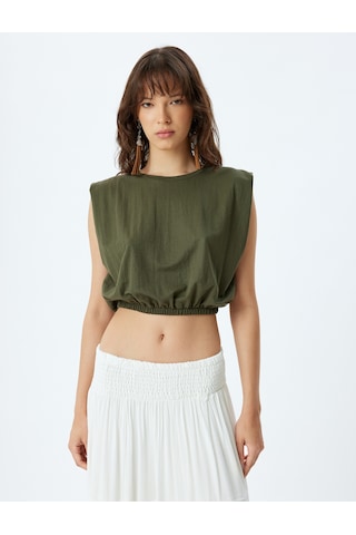 Koton Crop Kolsuz Bluz Bisiklet Yaka Beli Lastikli Viskon Kumaş Haki 4sak70097ek Haki