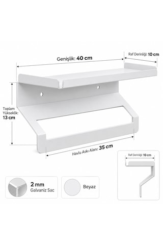 Metal Raflı Havluluk 40 Cm Duvar Tipi Havlu Askısı Beyaz