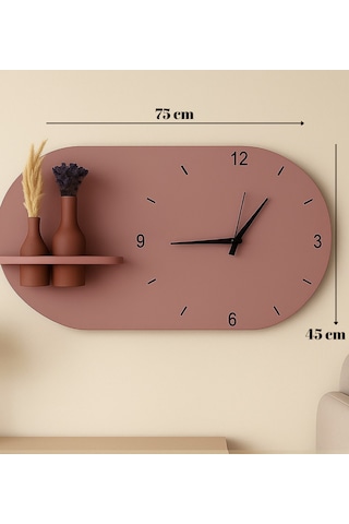 Modern Tasarım Raflı Nera Duvar Saati 75x45 Gül Kurusu