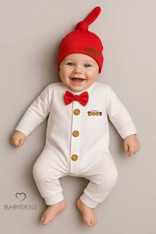Babyden's Mini Boss Erkek Bebek Tulum Ve Şapka Seti Yenidoğan Papyonlu Bebek Tulumu %100 Pamuk Kırmızı