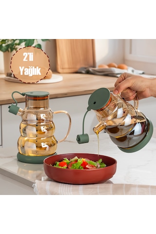 Porsima 3617 Kapaklı Borosilikat Cam 2li Yağlık Sirkelik Seti Yağdanlık Takımı 1000ml Yeşil Yeşil