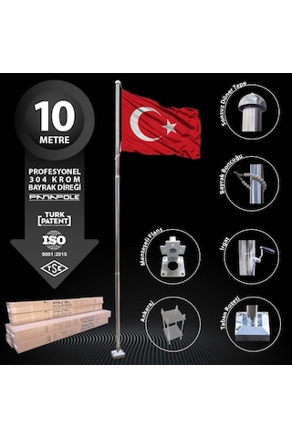 10 Metre Paslanmaz Krom Profesyonel Bayrak Direği