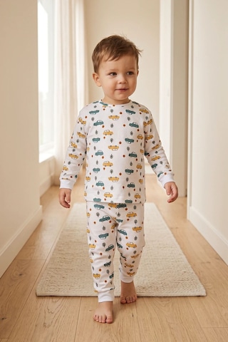Zuzunga Araba Desenli %100 Pamuk Süprem Kumaş Erkek Bebek - Çocuk Pijama Takımı BEYAZ
