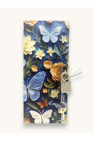 Lacivert Kelebek 3d Görünümlü Hatıra Defteri Günlük Kilitli Defter 80 Yaprak