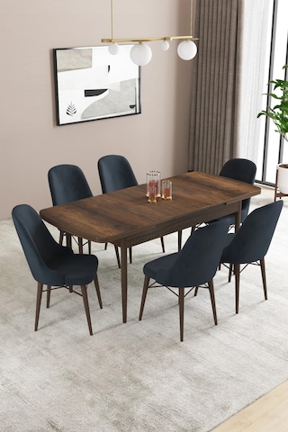 Familieconcept Almira Serisi, Barok Ahşap Desen 80x132 Açılabilir Mdf Mutfak Masası Takımı 6 Adet Sandalye Antrasit