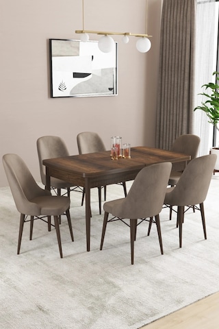 Familieconcept Almira Serisi, Barok Ahşap Desen 80x132 Açılabilir Mdf Mutfak Masası Takımı 6 Adet Sandalye Cappucino