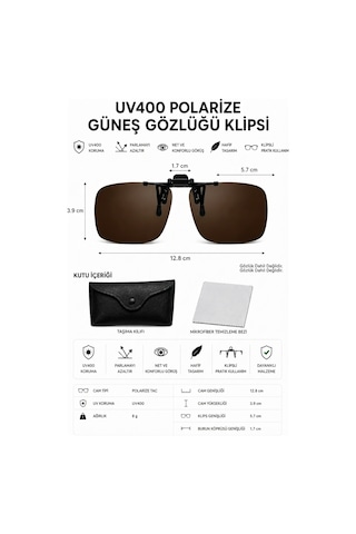 Polarize Güneş Gözlüğü Klipsi Uv400 Korumalı Gözlük Üstü Klips Hafif Mekanizmalı - Kahverengi Çerçevesiz