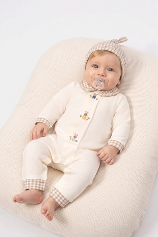 Beniizle Tavşan Nakışlı Ekose Detaylı Bebek Tulum & Şapka Kahverengi