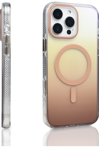 Techaks Apple Uyumlu iPhone 16 Pro Max Kılıf M-safe Şarj Özellikli Transparan Renk Geçişli Tchs Toros Kapak - Gold Altın