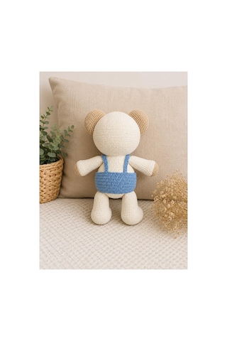 El Yapımı Amigurumi Tombiş Ayı Oyuncak - Mavi Tulumlu