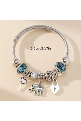 Worldshop Mavi Fil Kalp Anahtar Charm Bileklik