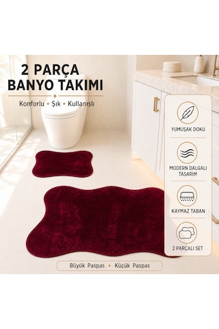 2 Li Banyo Paspası Halısı Seti Kaymaz Tabanlı Yıkanabilir Klozet Takımı Bordo