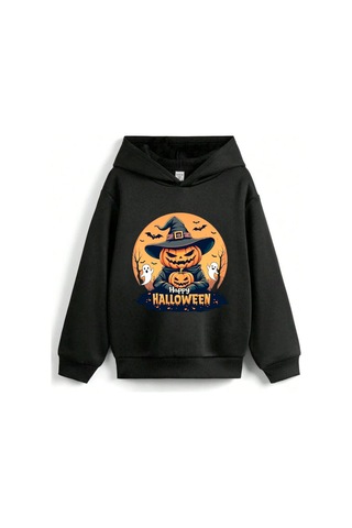 Stil X Halloween - Cadılar Bayramı Baskılı, Kapüşonlu Çocuk Sweatshırt, 3 İplik Şardonlu Siyah-4