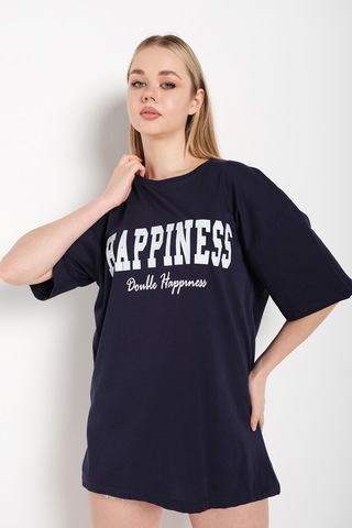 Flood Of Style Kadın Lacivert Happıness Baskılı Oversize Tshirt