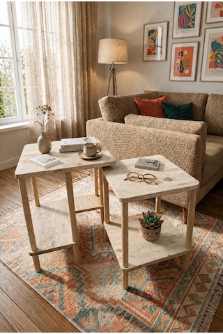 Modern Minimal Tasarım Yan Sehpa Dekoratif Ahşap Zigon Sehpa 2li Set 40 50cm Traverten