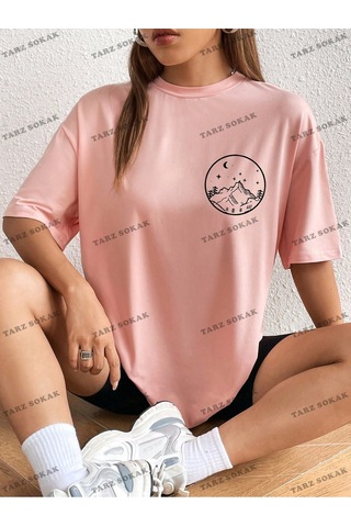 Flood Of Style Unisex Bay Güneş Ve Ay Desenli Düşük Omuz Tişört Kod-1350 Pembe