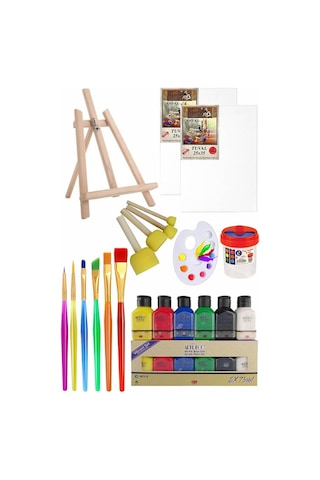 Mini Şövale 25x35 2 Li Tuval Artdeco 6 Renk Akrilik Boya Başlangıç Seti Fırça Palet Ponpon Su Kabı Masaüstü Sanatsal