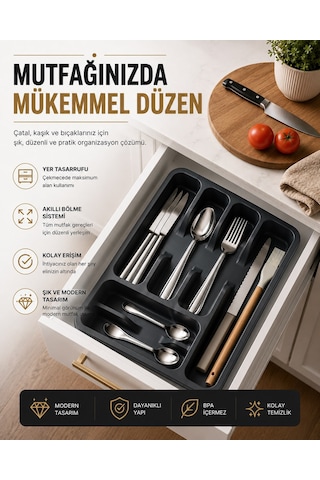 6 Bölmeli Çekmece İçi Kaşıklık, Plastik Çatal Bıçak Organizeri, Mutfak Düzenleyici Gri S-11003