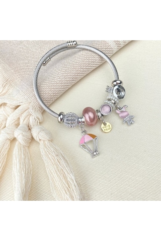 Charm Bileklik Tavşan Uçan Balon Figürlü Çelik Bileklik Gümüş Pembe Gümüş