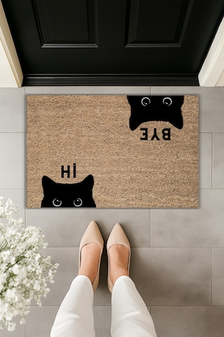 Rugmood Modern Dijital Baskı Paspas - Hi, Bye Kedi - Kapı Önü Paspası 70x45cm Kahverengi