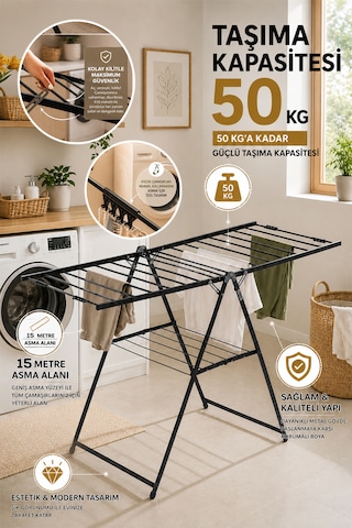 Perilla 17062 Fit Katlanabilir Çamaşır Kurutmalık 15 Metre Asma Alanı 50 Kg Taşıma Kapasiteli Antrasit