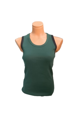 Pazarız Fitted/vücuda Oturan Crop Kalın Askılı Fitilli Esnek Örme Atlet Yeşil Siyah Ribanalı