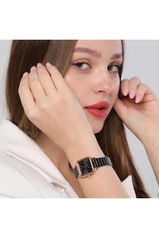 Minimal Kare Siyah Kadran Rose Gold Kasa Kadın Kol Saati Rose Gold