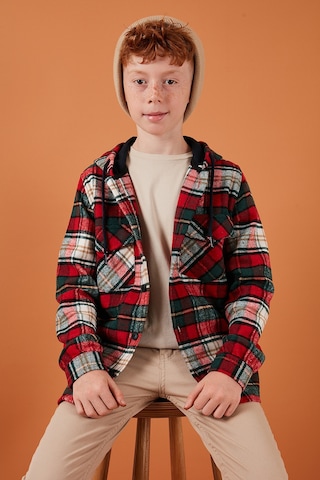 Lela Ekoseli Kapüşonlu Cepli Kışlık Oduncu Erkek Çocuk Gömlek Cf24W81779 Kırmızı-Yeşil