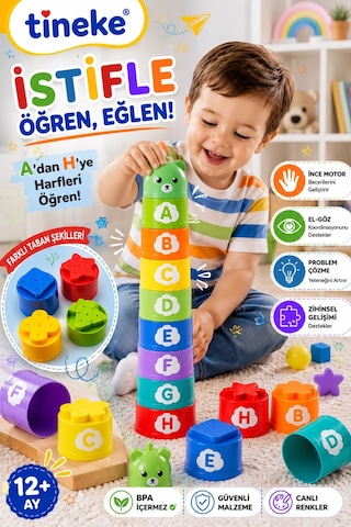 Tineke Bebekler İçin Harf İstiflenebilir Bardak Oyuncağı 9 Parça Eğitici Denge Ve Sıralama Oyunu