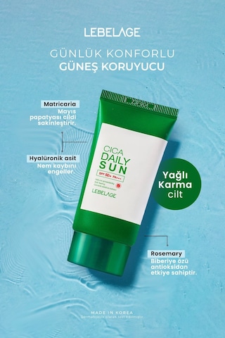 Lebelage Günlük Hassas ve Konforlu Kore Güneş Kremi Lebelage Cica Daily Sun SPF50+ PA+++ 30ml