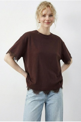 Shade Kadın Dantel Detaylı Bisiklet Yaka Oversize T-shirt 1046 60283955 - Kahverengi