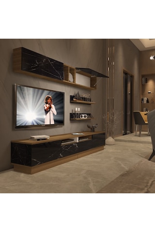 Decoraktiv Trendstyle 5220s Mdf Tv Ünitesi Tv Sehpası - Pera Siyah Mermer Safir Meşe - Royal Mermer