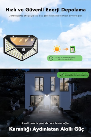 20 Adet Güneş Enerjili Duvar Lambası - Solar 100 Led Işık 3 Modlu Hareket Sensörlü Bahçe Aydınlatma Siyah