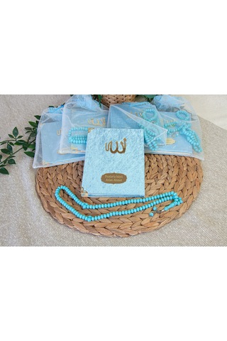 5 Adet Keseli Tesbihli İsim Baskılı Kadife Kaplı Yasin Mevlüt Kitabı Seti Hediyesi Mavi