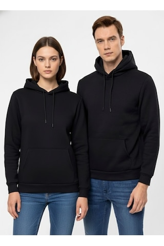 Süvari Oversize Geniş Kesim Pamuklu Yumuşak Dokulu Içi Polarlı Basic Kapüşonlu Sweatshirt Siyah