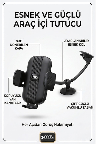 Extra Uzun Güçlü Esnek Kollu Dayanıklı Araç İçi Telefon Tutucu Otomatik Kilitli Güçlü Vantuz Siyah