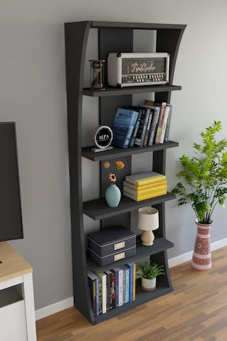 İskandinav Tasarım Çok Raflı Kitaplık 150x50x22 Cm Modern Dekoratif Raf Ünitesi Antrasit