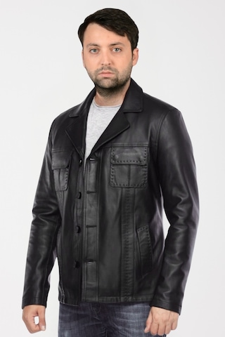 Derije Gomez Hakiki Deri Erkek Siyah Punto Dikiş Detaylı Ceket-Mont